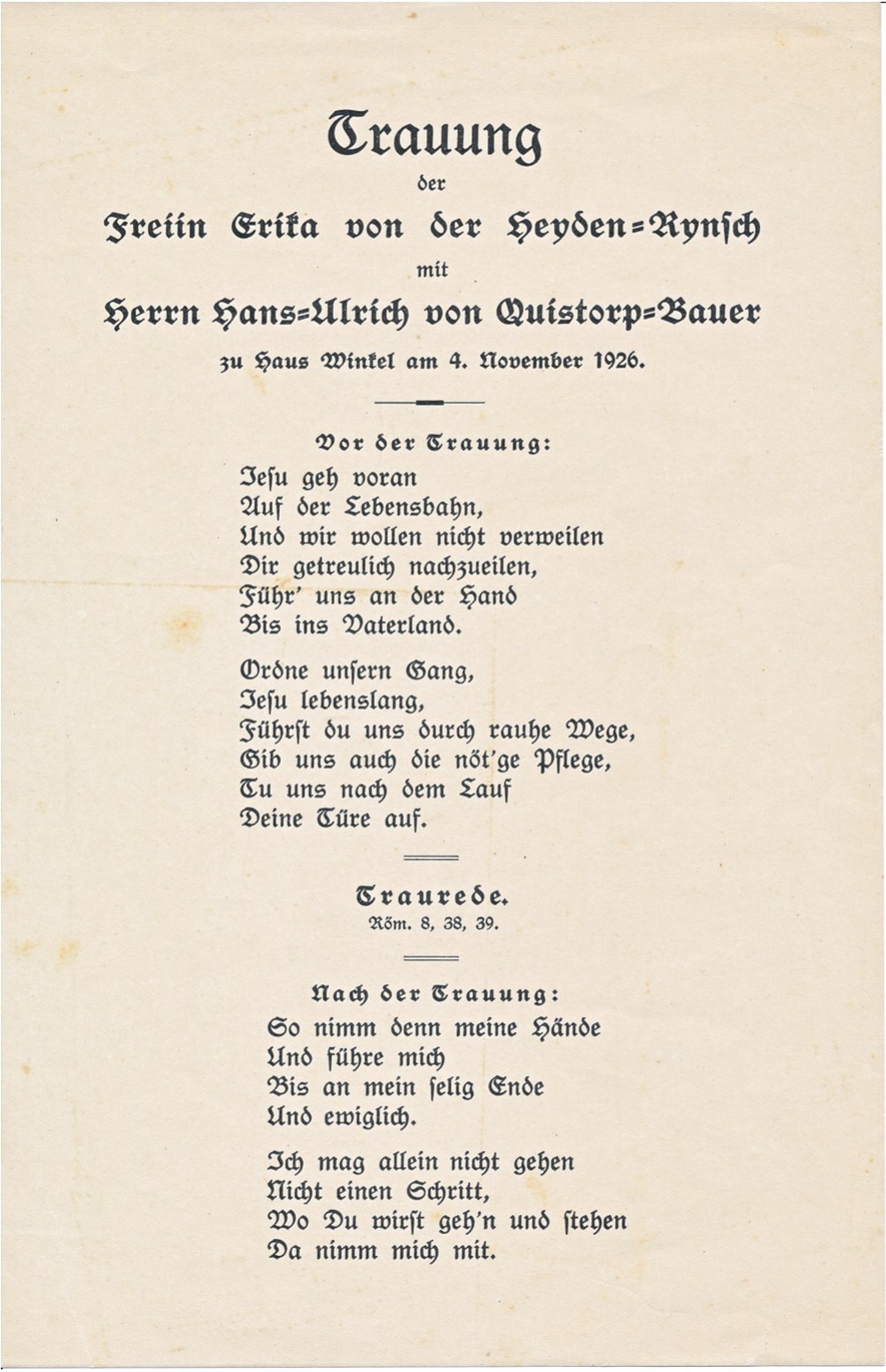 Traukarte der Trauung von Erika Freiin von der Heyden-Rynsch und Hans-Ulrich von Quistorp auf Haus Winkel, 1926